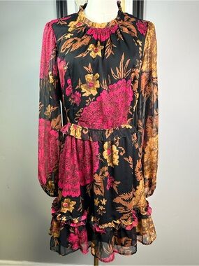 Anthropologie Porridge Puff Sleeved Floral Mini Dress Black Pink Gold Size L
